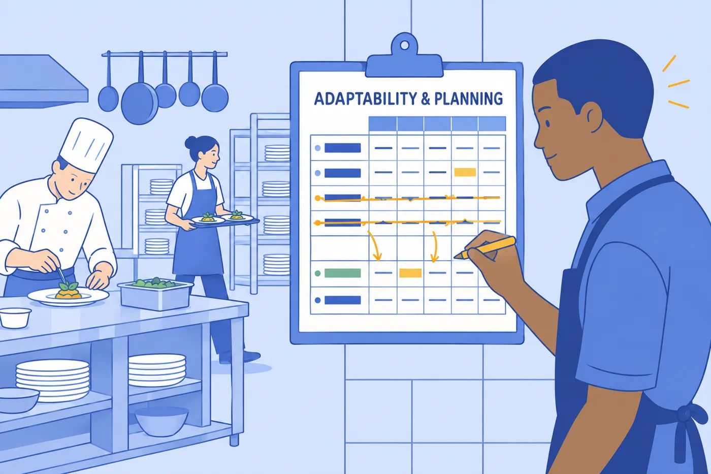 A restaurant worker updates a shift schedule on a wall clipboard, demonstrating adaptability and planning skills.