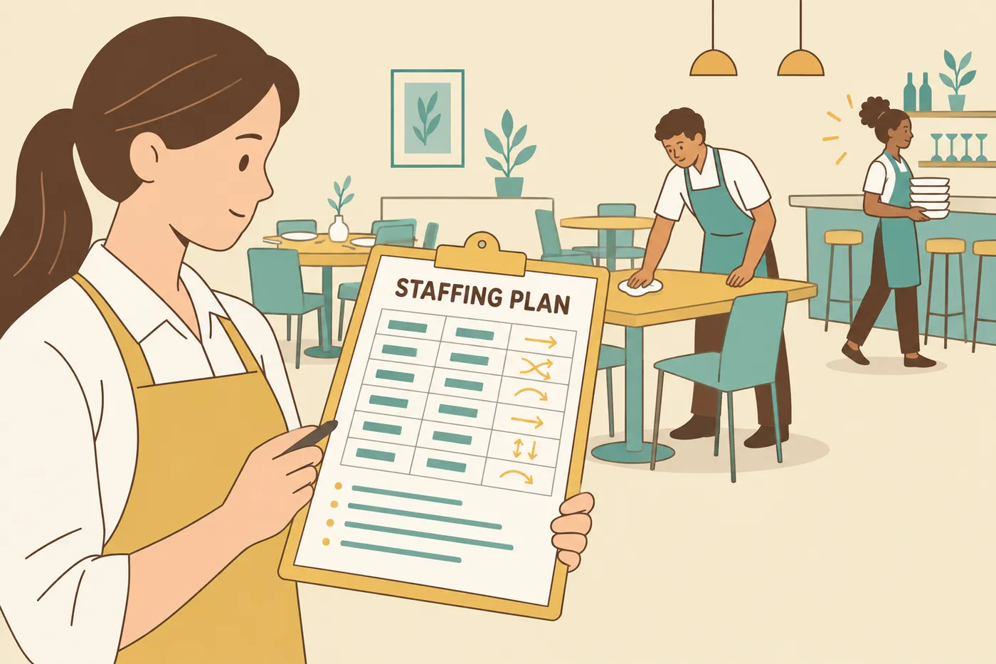A restaurant manager reorganizes a staffing plan, illustrating transferable organizational skills from hospitality.