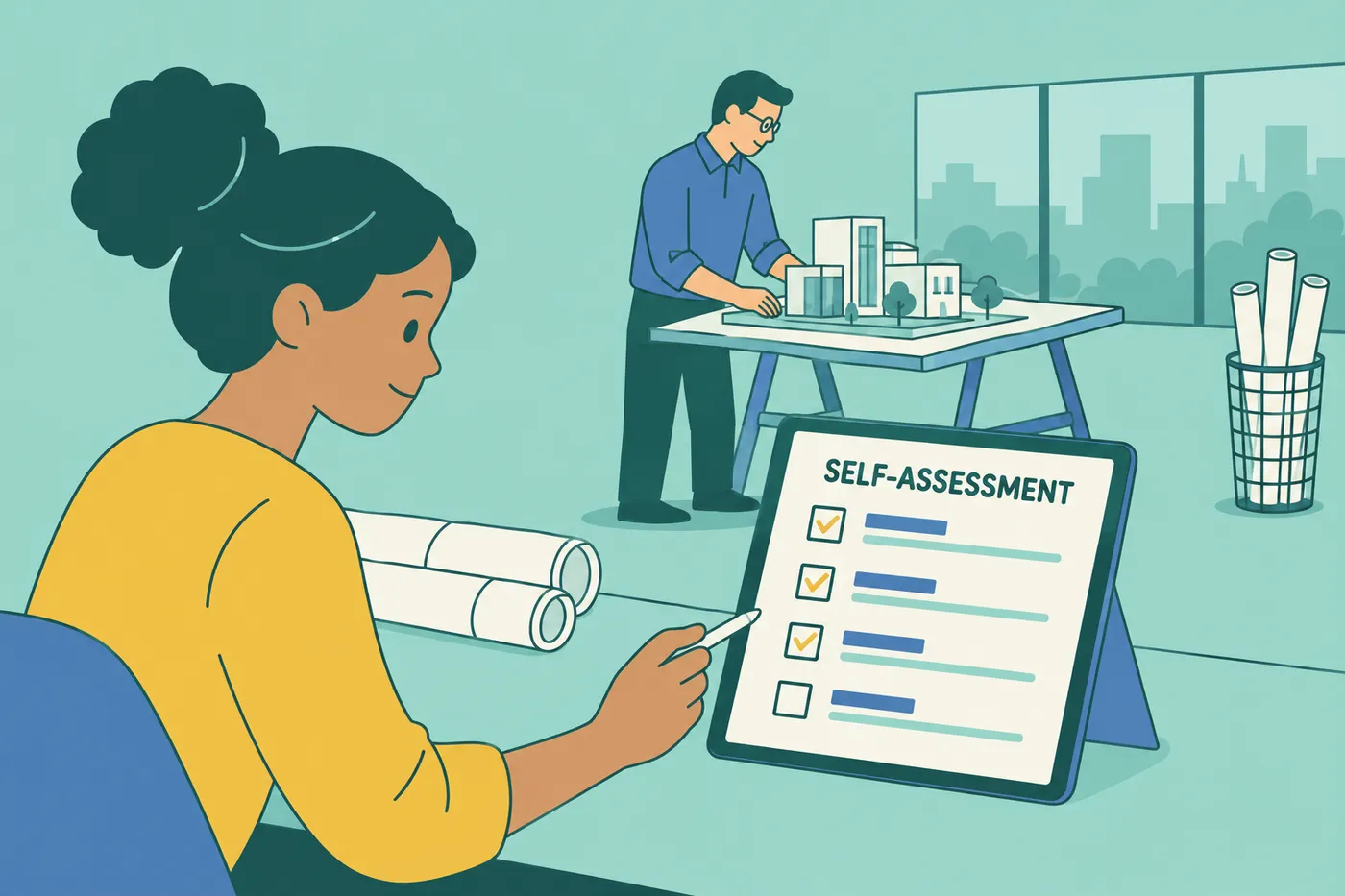 A designer completes a self-assessment checklist on her tablet in an architecture studio, evaluating her work ethic.