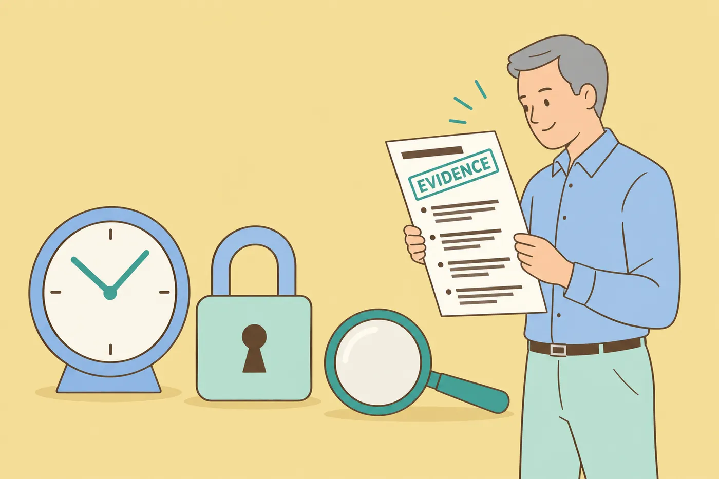 A man holds a resume stamped with 'EVIDENCE' next to giant objects representing deadlines, security, and quality control.