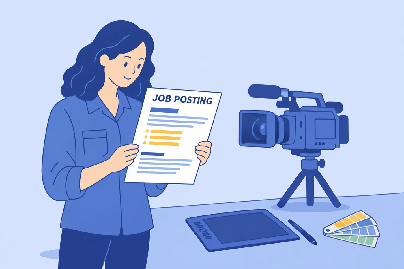 A job seeker reviews a job posting alongside creative tools, illustrating how to pull job-specific skills for a resume.